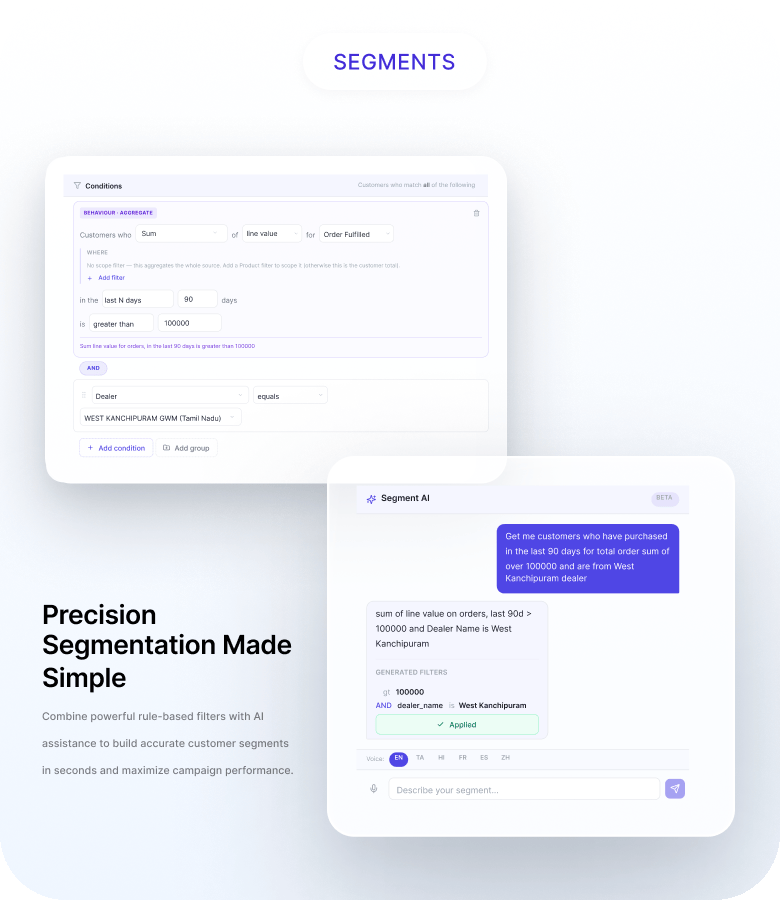 Storees segment builder and Segment AI workflow preview